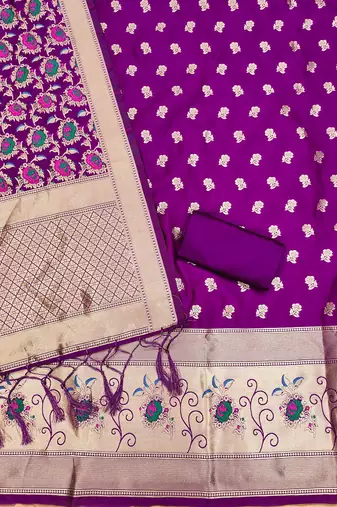 Purple floral woven banarasi silk dress material