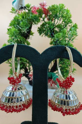  Big Jhumka earrings for wo  ethnic and occasional wear- Red White Colour