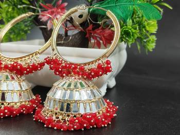   Big Jhumka earrings for wo  ethnic and occasional wear- Red White Colour 2