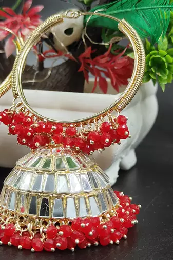   Big Jhumka earrings for wo  ethnic and occasional wear- Red White Colour