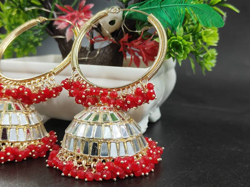   Big Jhumka earrings for wo  ethnic and occasional wear- Red White Colour