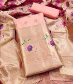 Peach floral woven banarasi silk dress material