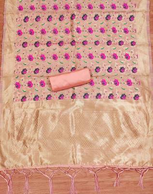 Peach floral woven banarasi silk dress material 4