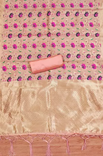 Peach floral woven banarasi silk dress material