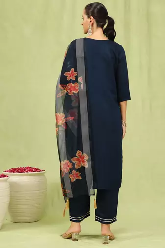 Vredevogel  women   s viscose roman silk embroidery straight kurta pant with dupatta set