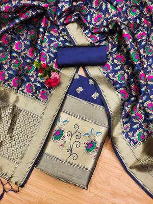 Navy blue floral woven banarasi silk dress material 2