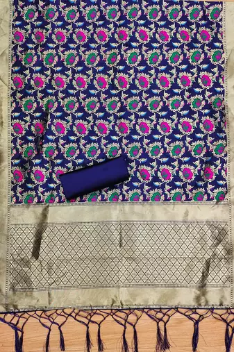 Navy blue floral woven banarasi silk dress material