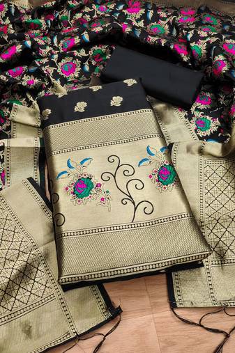 Black floral woven banarasi silk dress material