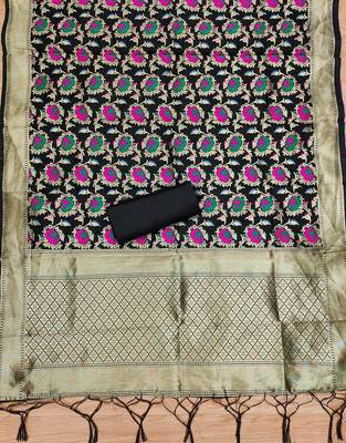 Black floral woven banarasi silk dress material 4