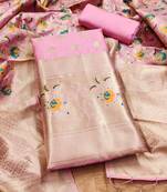 Baby pink floral woven banarasi silk dress material
