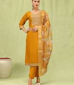 Vredevogel  women   s viscose roman silk embroidery straight kurta pant with dupatta set