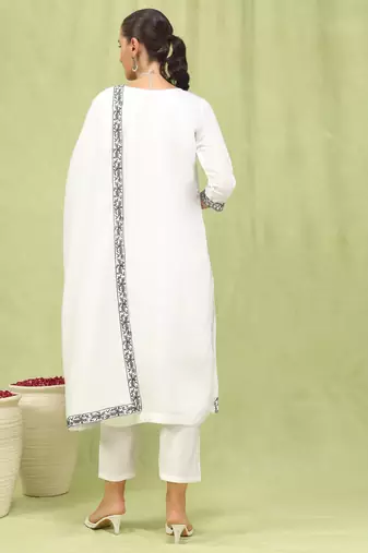 Vredevogel  women   s viscose roman silk embroidery straight kurta pant with dupatta set