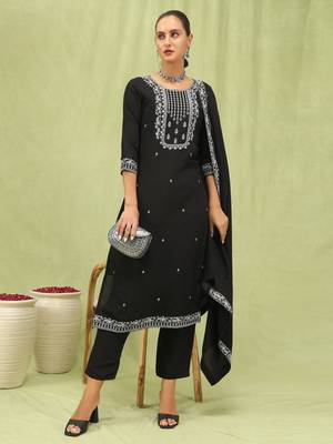 Vredevogel  women   s viscose roman silk embroidery straight kurta pant with dupatta set 1