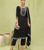 Vredevogel  women   s viscose roman silk embroidery straight kurta pant with dupatta set