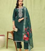 Vredevogel  women   s viscose roman silk embroidery straight kurta pant with dupatta set