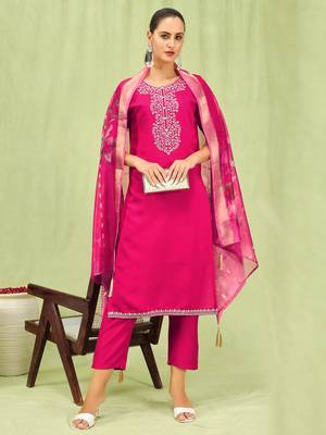 Vredevogel  women   s viscose roman silk embroidery straight kurta pant with dupatta set 1