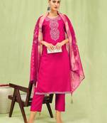 Vredevogel  women   s viscose roman silk embroidery straight kurta pant with dupatta set