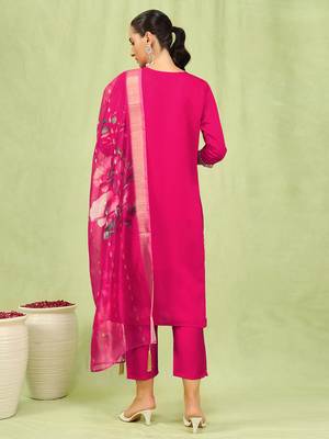 Vredevogel  women   s viscose roman silk embroidery straight kurta pant with dupatta set 2