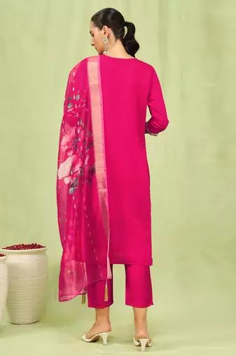 Vredevogel  women   s viscose roman silk embroidery straight kurta pant with dupatta set