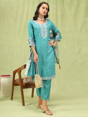 Vredevogel  women   s viscose roman silk embroidery straight kurta pant with dupatta set 1