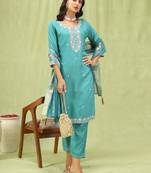 Vredevogel  women   s viscose roman silk embroidery straight kurta pant with dupatta set