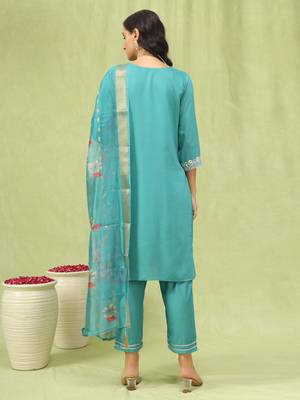 Vredevogel  women   s viscose roman silk embroidery straight kurta pant with dupatta set 2