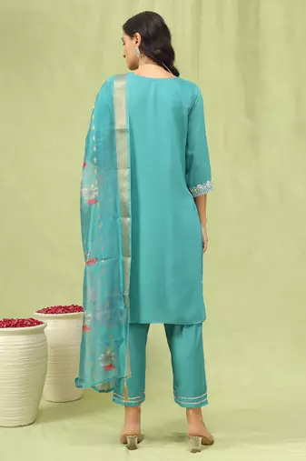 Vredevogel  women   s viscose roman silk embroidery straight kurta pant with dupatta set