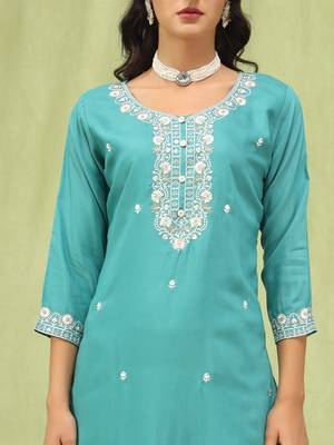 Vredevogel  women   s viscose roman silk embroidery straight kurta pant with dupatta set 3