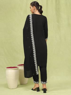 Vredevogel  women   s viscose roman silk embroidery straight kurta pant with dupatta set 2