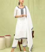 Vredevogel  women   s viscose roman silk embroidery straight kurta pant with dupatta set