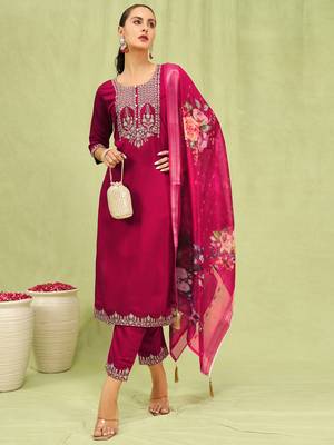 Vredevogel  women   s viscose roman silk embroidery straight kurta pant with dupatta set 1