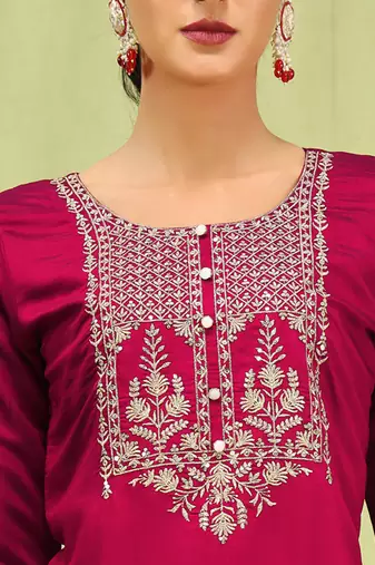 Vredevogel  women   s viscose roman silk embroidery straight kurta pant with dupatta set