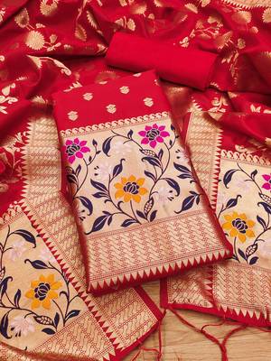 Red floral woven banarasi silk dress material 1