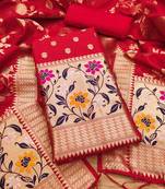 Red floral woven banarasi silk dress material