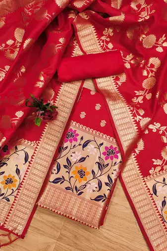 Red floral woven banarasi silk dress material
