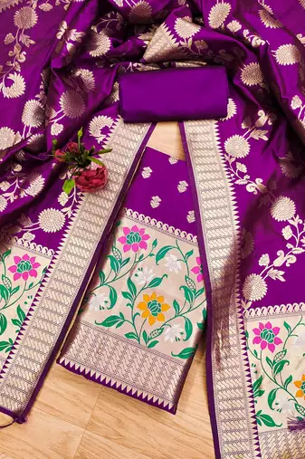 Purple floral woven banarasi silk dress material