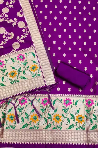 Purple floral woven banarasi silk dress material