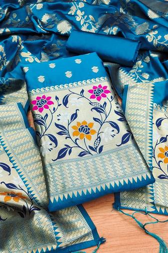 Sky blue floral woven banarasi silk dress material