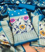 Sky blue floral woven banarasi silk dress material