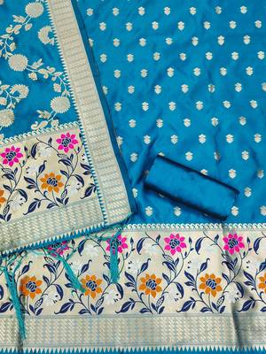 Sky blue floral woven banarasi silk dress material 3