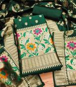 Dark green floral woven banarasi silk dress material