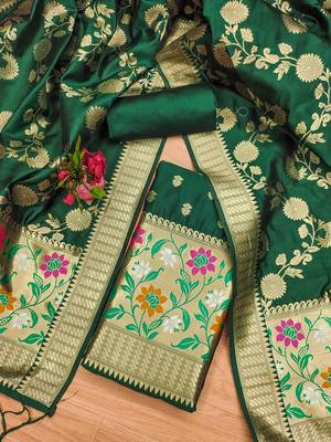 Dark green floral woven banarasi silk dress material 2