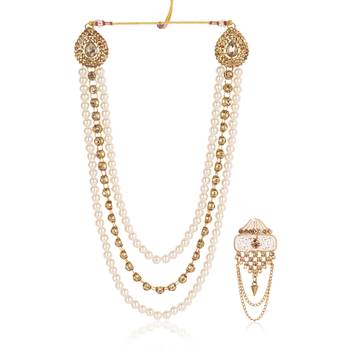   groom sherwani necklace moti mala layered for wedding | groom mala with brooch set 2