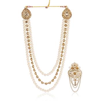   groom sherwani necklace moti mala layered for wedding | groom mala with brooch set 2
