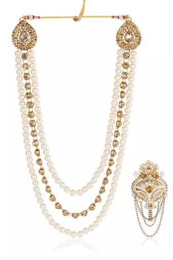   groom sherwani necklace moti mala layered for wedding | groom mala with brooch set