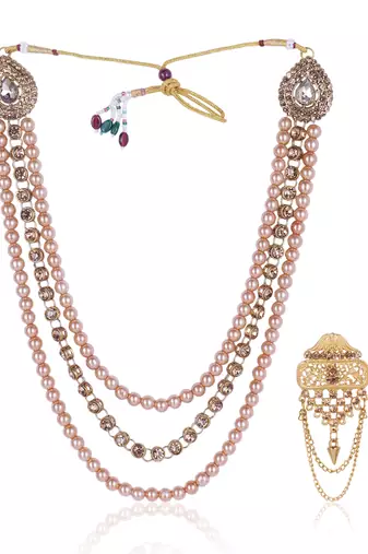   groom sherwani necklace moti mala layered for wedding | groom mala with brooch set