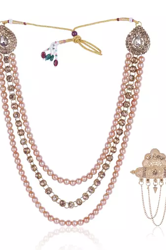   groom sherwani necklace moti mala layered for wedding | groom mala with brooch set