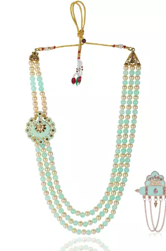   groom sherwani necklace moti mala layered for wedding | groom mala with brooch set