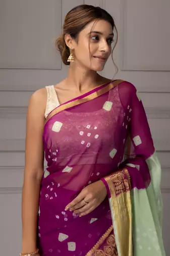 Mauve & Green Bandhani Zari Bandhani Saree