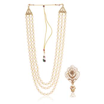   groom sherwani necklace moti mala layered for wedding | groom mala with brooch set 2